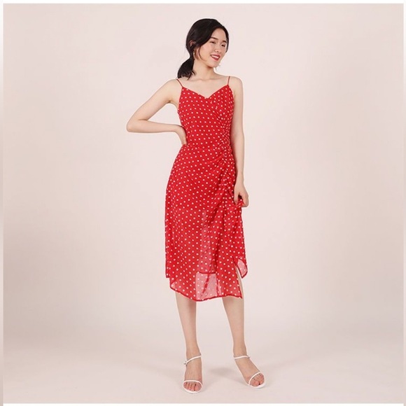 Tan shop red white dots dress Xs asymmetrical spaghetti straps backless … - Picture 1 of 8
